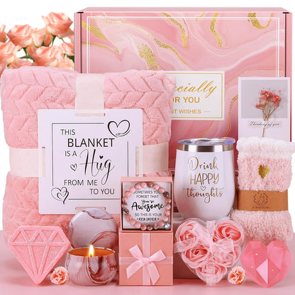 Mothers Day Birthday Gifts for Women Self Care Get Well Soon Gift Baskets, Pink Relaxing Spa Gift Set Care Package with Blanket, Unique Mother's Day Gifts for Mom Wife Grandma Daughter Sister