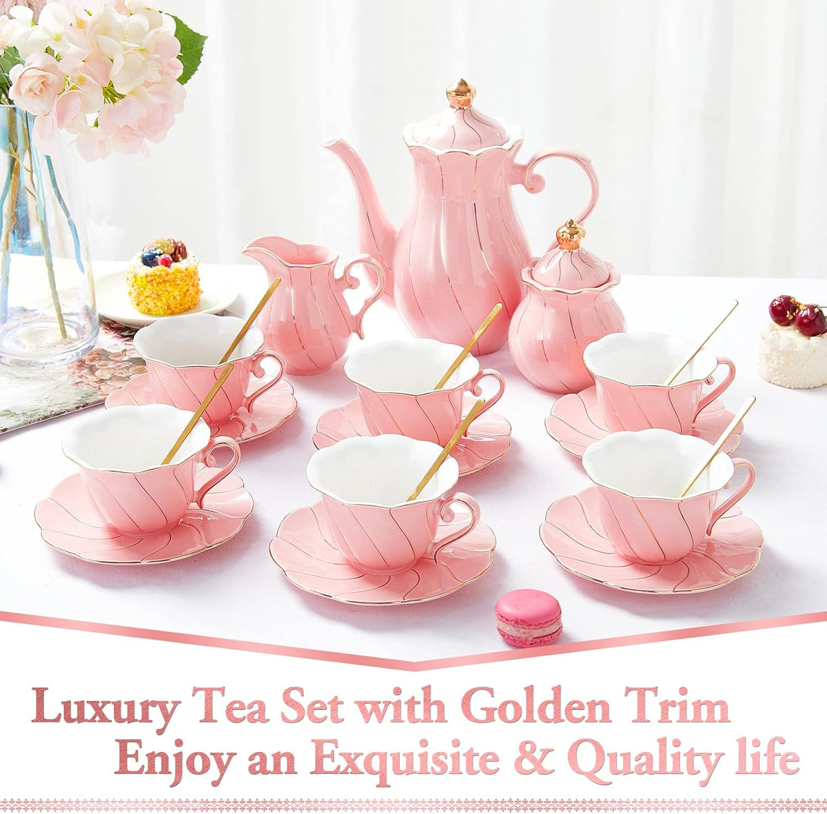 22 pcs Porcelain Tea Set for 6, Luxury British Style Tea/Coffee Cup Set with Golden Trim, Beautiful Tea Set for Women, Tea Party Set, Gift Package (With a Stand) - Pink