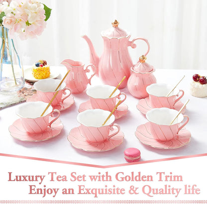 22 pcs Porcelain Tea Set for 6, Luxury British Style Tea/Coffee Cup Set with Golden Trim, Beautiful Tea Set for Women, Tea Party Set, Gift Package (With a Stand) - Pink