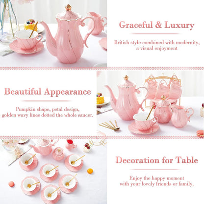 22 pcs Porcelain Tea Set for 6, Luxury British Style Tea/Coffee Cup Set with Golden Trim, Beautiful Tea Set for Women, Tea Party Set, Gift Package (With a Stand) - Pink