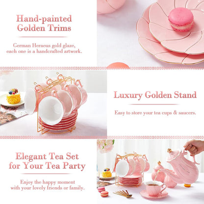 22 pcs Porcelain Tea Set for 6, Luxury British Style Tea/Coffee Cup Set with Golden Trim, Beautiful Tea Set for Women, Tea Party Set, Gift Package (With a Stand) - Pink