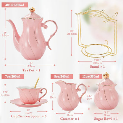22 pcs Porcelain Tea Set for 6, Luxury British Style Tea/Coffee Cup Set with Golden Trim, Beautiful Tea Set for Women, Tea Party Set, Gift Package (With a Stand) - Pink