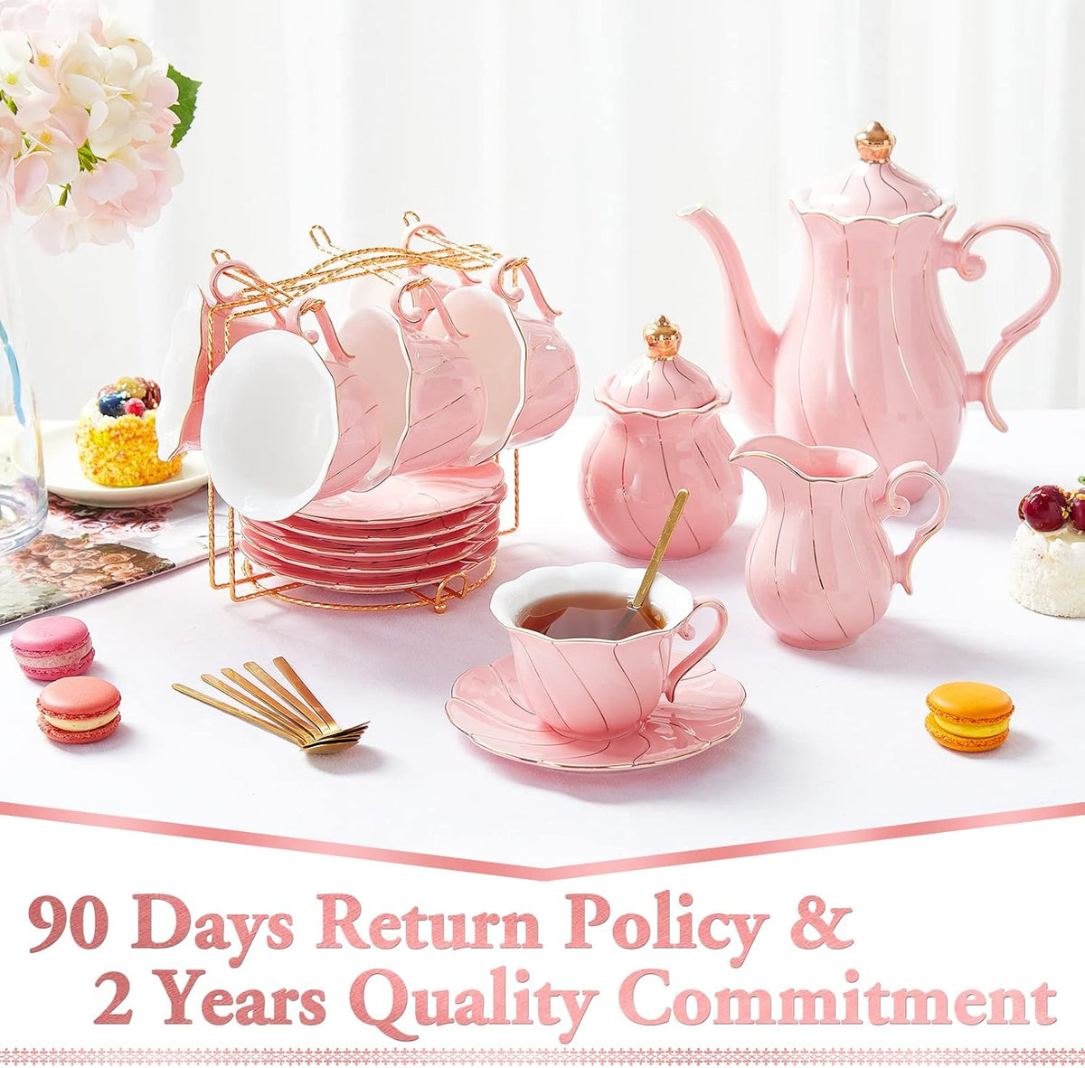 22 pcs Porcelain Tea Set for 6, Luxury British Style Tea/Coffee Cup Set with Golden Trim, Beautiful Tea Set for Women, Tea Party Set, Gift Package (With a Stand) - Pink