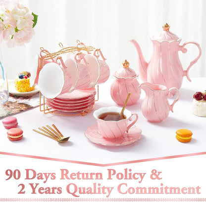 22 pcs Porcelain Tea Set for 6, Luxury British Style Tea/Coffee Cup Set with Golden Trim, Beautiful Tea Set for Women, Tea Party Set, Gift Package (With a Stand) - Pink