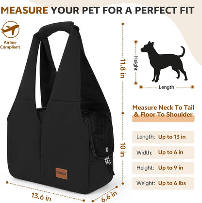 Dog Purse Carrier for Small Dogs and Cats, Soft-Sided Pet Tote Bag with 6 Large Pockets, Collapsible Travel Puppy Carrier with Small Cushion, Fits Pets up to 6 lbs (Black, 13.6" L x 6.6" W x 10" H)