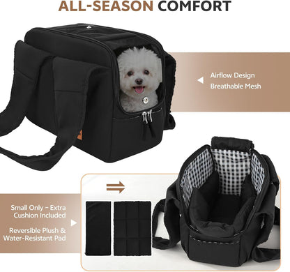Dog Purse Carrier for Small Dogs and Cats, Soft-Sided Pet Tote Bag with 6 Large Pockets, Collapsible Travel Puppy Carrier with Small Cushion, Fits Pets up to 6 lbs (Black, 13.6" L x 6.6" W x 10" H)