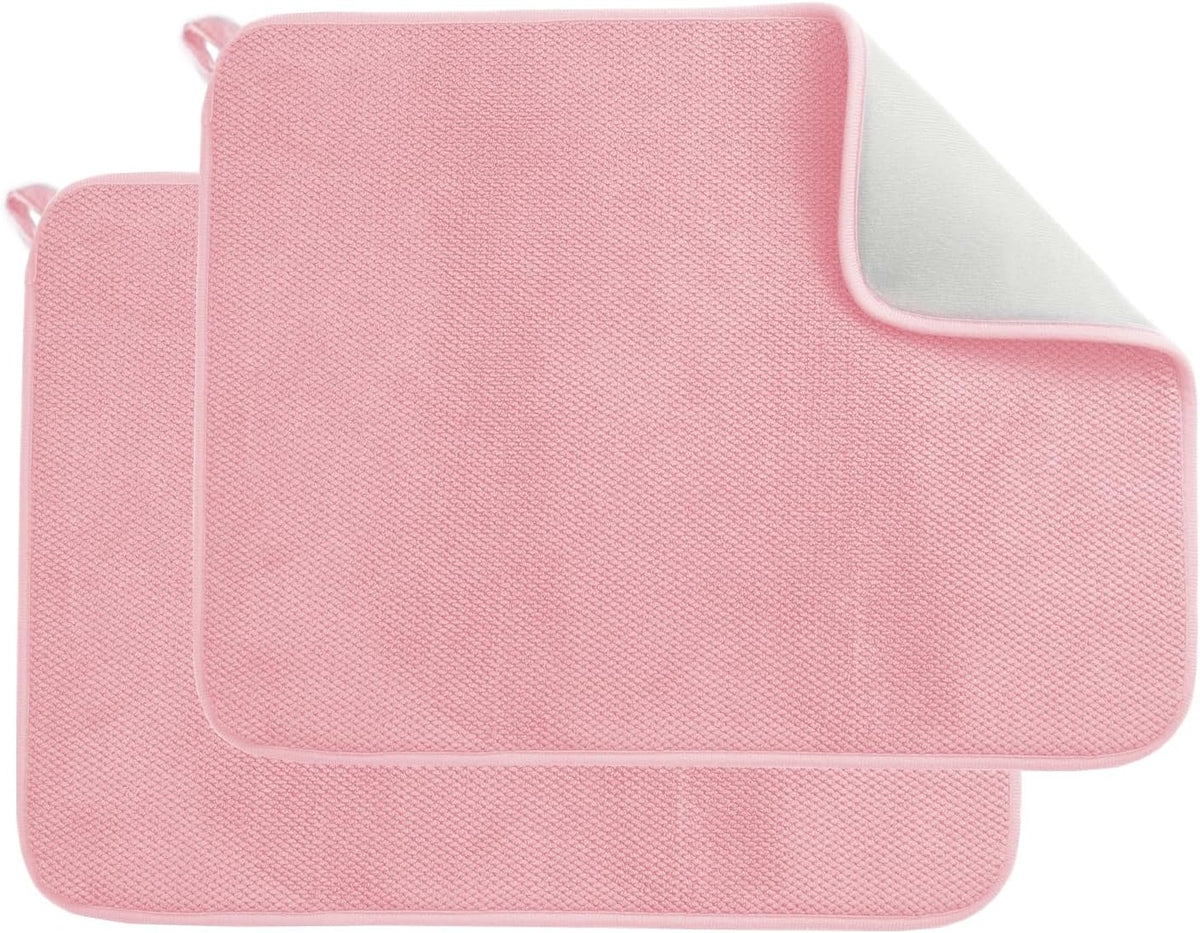 2pcs Dish Drying Mats with Hanging Loop, Absorbent Microfiber Dishes Drainer Mat for Kitchen Counter, Reusable Dish Drying Pad for Dishes, Utensils, Pots, Pans, 12" x 16", Pink