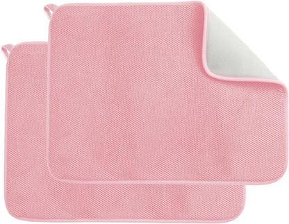 2pcs Dish Drying Mats with Hanging Loop, Absorbent Microfiber Dishes Drainer Mat for Kitchen Counter, Reusable Dish Drying Pad for Dishes, Utensils, Pots, Pans, 12" x 16", Pink