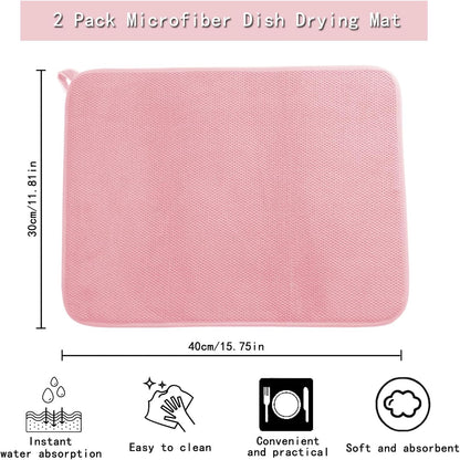 2pcs Dish Drying Mats with Hanging Loop, Absorbent Microfiber Dishes Drainer Mat for Kitchen Counter, Reusable Dish Drying Pad for Dishes, Utensils, Pots, Pans, 12" x 16", Pink