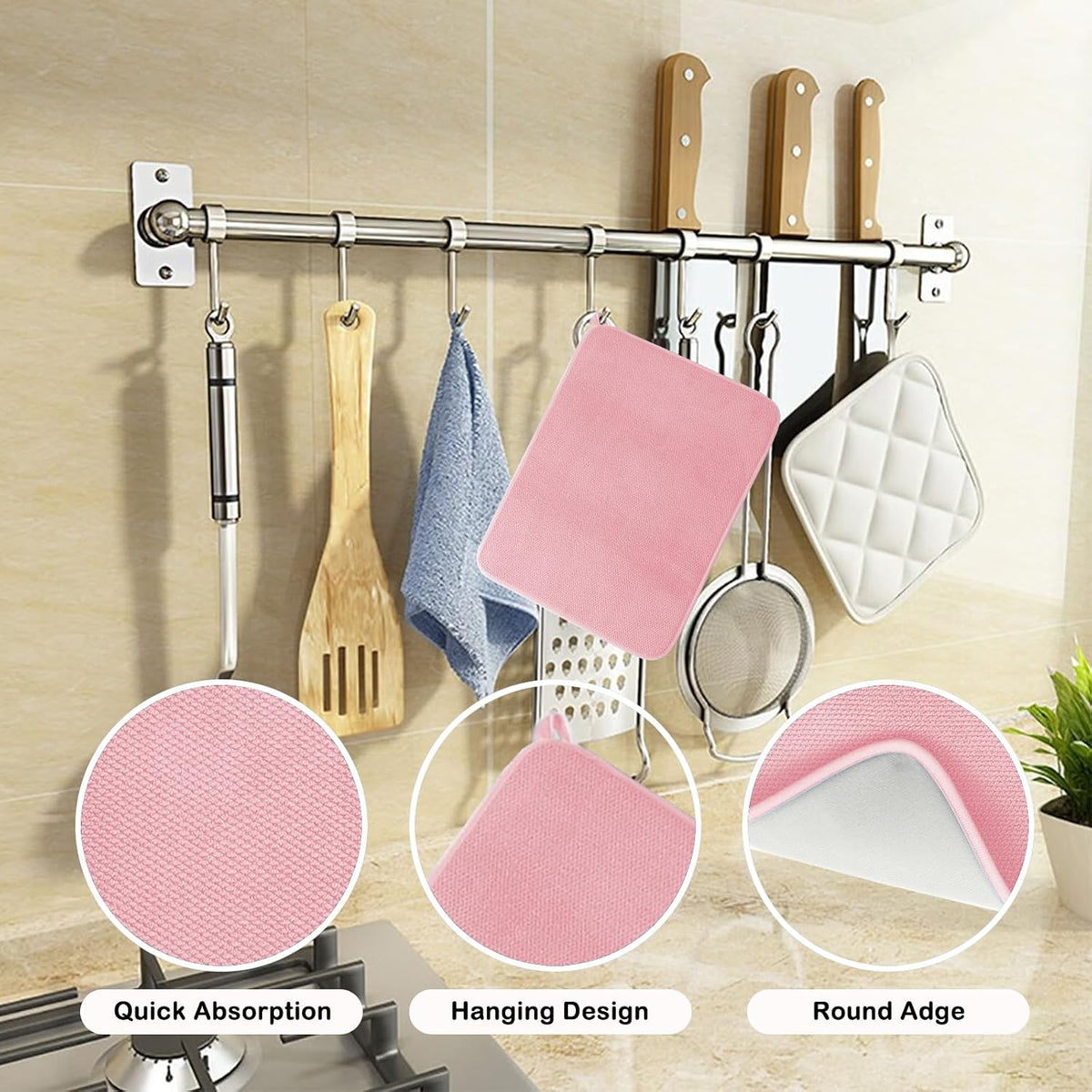 2pcs Dish Drying Mats with Hanging Loop, Absorbent Microfiber Dishes Drainer Mat for Kitchen Counter, Reusable Dish Drying Pad for Dishes, Utensils, Pots, Pans, 12" x 16", Pink