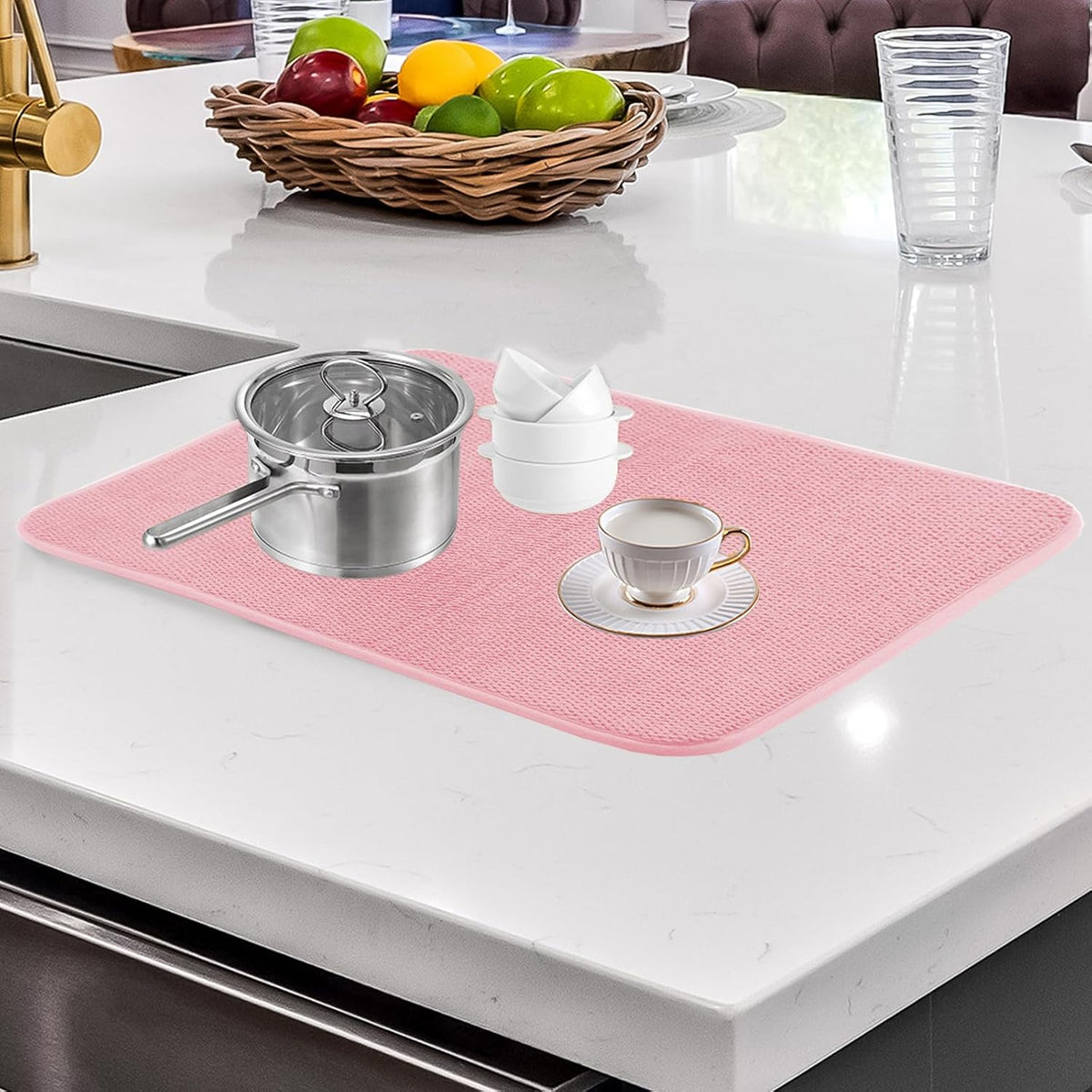 2pcs Dish Drying Mats with Hanging Loop, Absorbent Microfiber Dishes Drainer Mat for Kitchen Counter, Reusable Dish Drying Pad for Dishes, Utensils, Pots, Pans, 12" x 16", Pink