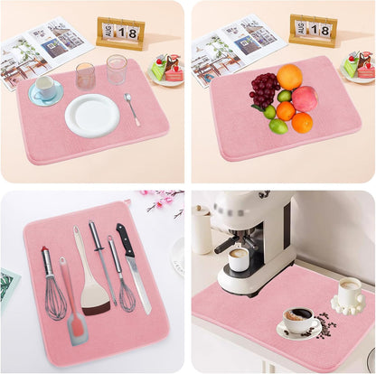 2pcs Dish Drying Mats with Hanging Loop, Absorbent Microfiber Dishes Drainer Mat for Kitchen Counter, Reusable Dish Drying Pad for Dishes, Utensils, Pots, Pans, 12" x 16", Pink