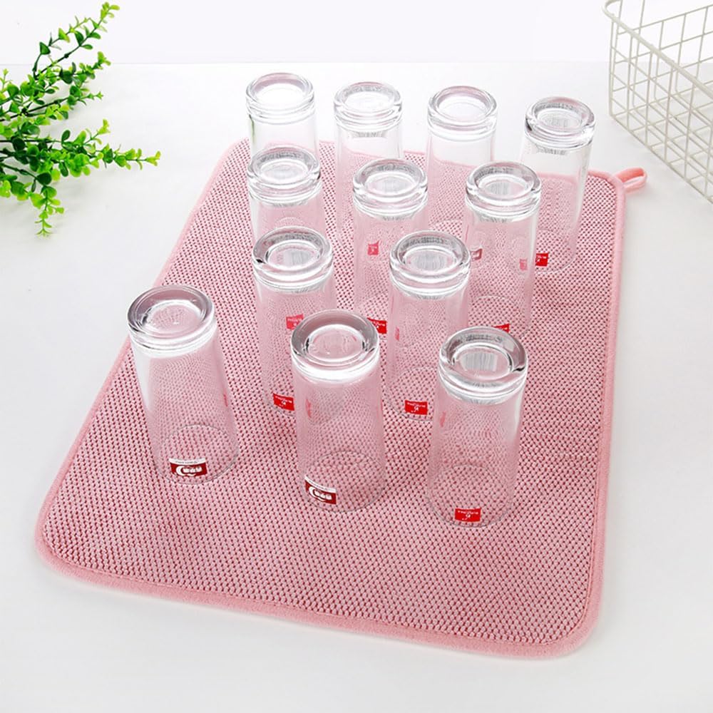 2pcs Dish Drying Mats with Hanging Loop, Absorbent Microfiber Dishes Drainer Mat for Kitchen Counter, Reusable Dish Drying Pad for Dishes, Utensils, Pots, Pans, 12" x 16", Pink