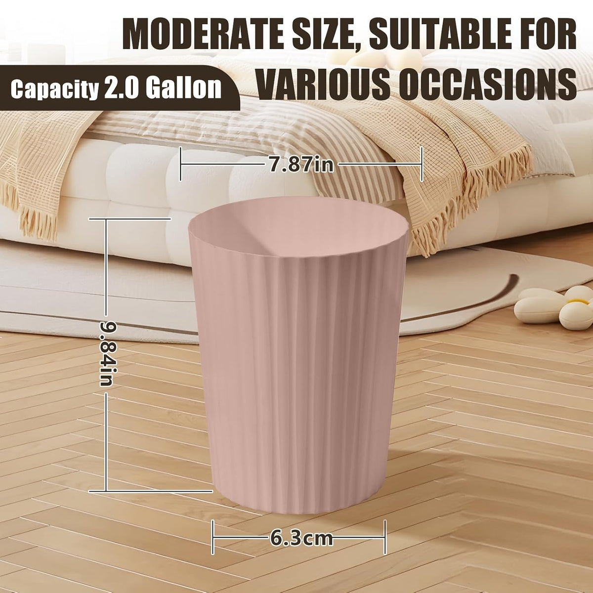 Versatile 2 Gallon Plastic Trash Can - The Compact Bin for Bathroom Kitchen Home Office - Pink