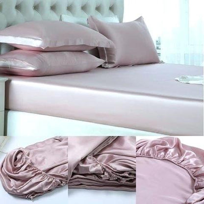 100% Pure Silk Satin Sheet Set 7pcs, Silk Fitted Sheet 15'' Deep Pocket,Silk Flat Sheet,Silk Duvet Cover & Pillowcases Set !!! King, Peach