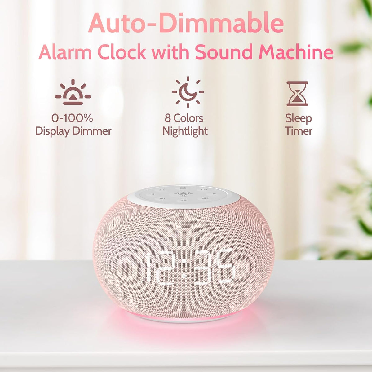 Auto Dimmable Sound Machine Alarm Clock with Night Light for Girls