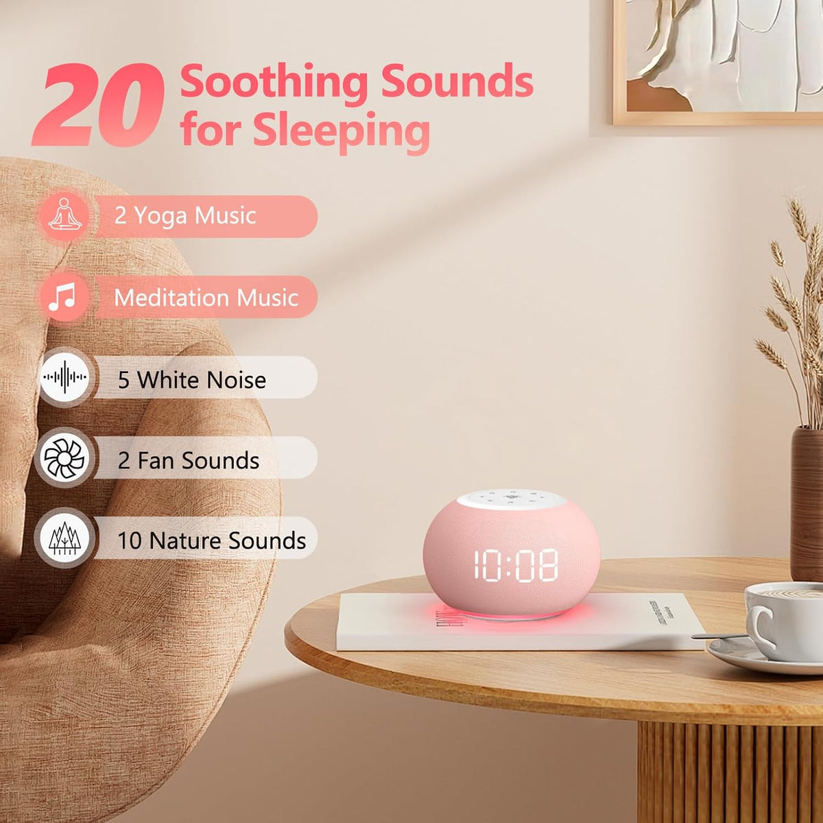 Auto Dimmable Sound Machine Alarm Clock with Night Light for Girls