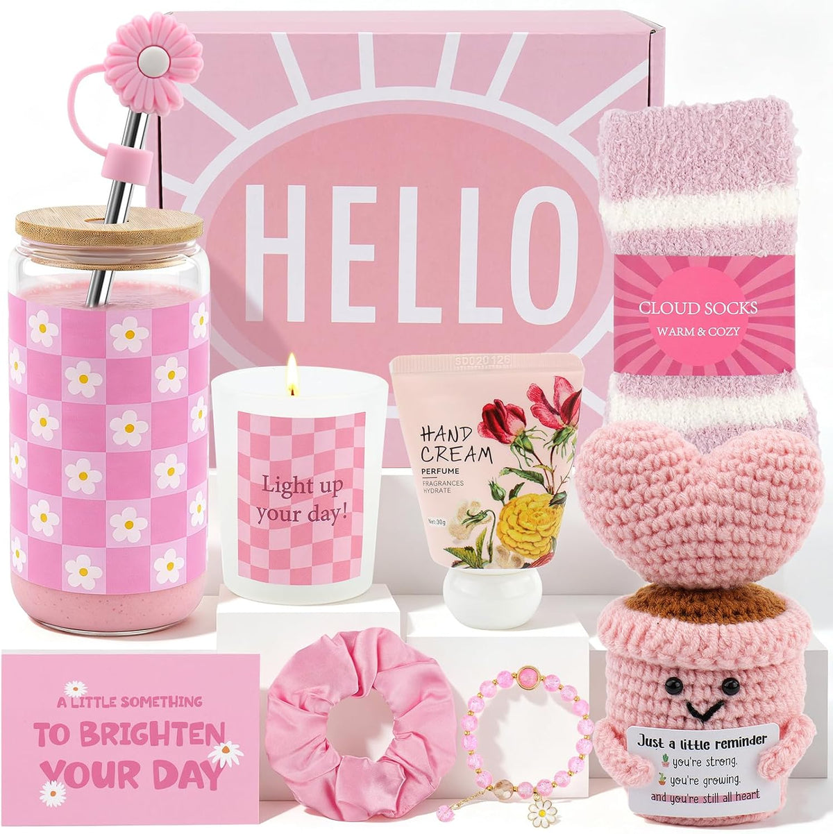 Pink Gift Basket for Women, Unique Birthday Gifts for Teen Girls Mom Sister