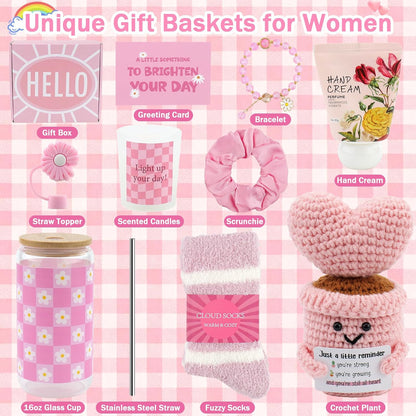 Pink Gift Basket for Women, Unique Birthday Gifts for Teen Girls Mom Sister