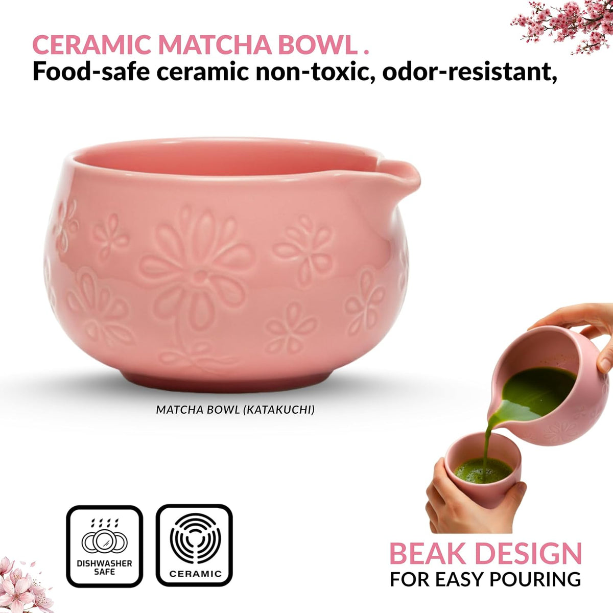 Matcha Whisk Set – Traditional Japanese Matcha Starter Kit with Bowl, Bamboo Whisk & Sifter | Complete Matcha Tea Ceremony Set for Home & Café Use – Pink