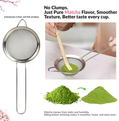 Matcha Whisk Set – Traditional Japanese Matcha Starter Kit with Bowl, Bamboo Whisk & Sifter | Complete Matcha Tea Ceremony Set for Home & Café Use – Pink