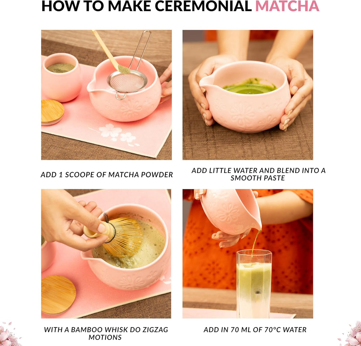 Matcha Whisk Set – Traditional Japanese Matcha Starter Kit with Bowl, Bamboo Whisk & Sifter | Complete Matcha Tea Ceremony Set for Home & Café Use – Pink