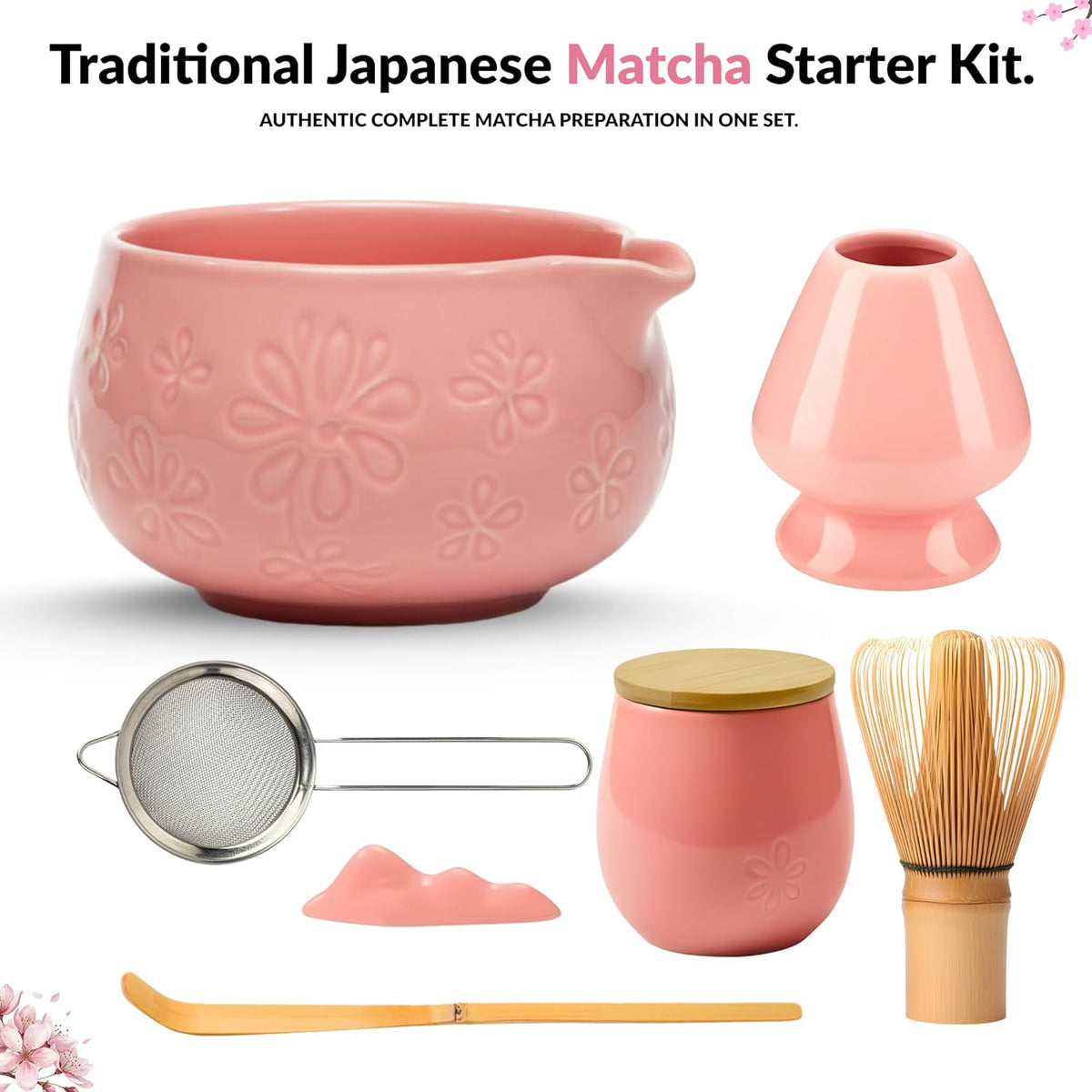Matcha Whisk Set – Traditional Japanese Matcha Starter Kit with Bowl, Bamboo Whisk & Sifter | Complete Matcha Tea Ceremony Set for Home & Café Use – Pink
