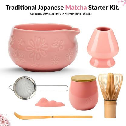 Matcha Whisk Set – Traditional Japanese Matcha Starter Kit with Bowl, Bamboo Whisk & Sifter | Complete Matcha Tea Ceremony Set for Home & Café Use – Pink