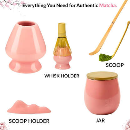Matcha Whisk Set – Traditional Japanese Matcha Starter Kit with Bowl, Bamboo Whisk & Sifter | Complete Matcha Tea Ceremony Set for Home & Café Use – Pink