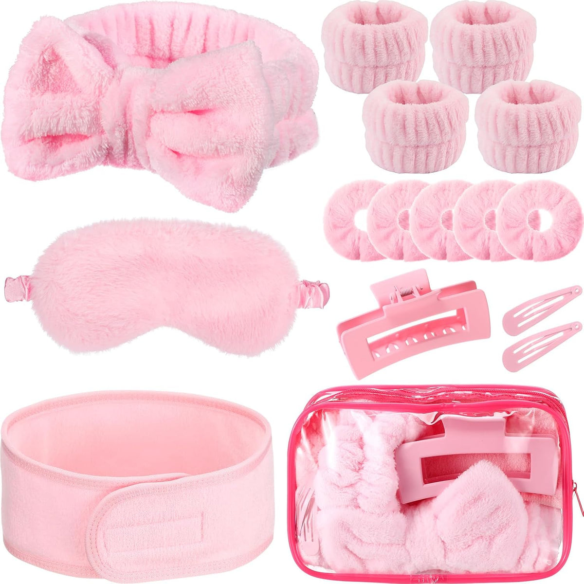 16 Pcs Skin Care Headband Set 2 Spa Headband 1 Plush Sleep Eye Mask 4 Skin Care Wristbands 5 Velvet Scrunchies 1 Claw Clip 2 Bangs Clip 1 Cosmetic Bag for Valentine Galentine Spa Gift(Pink)