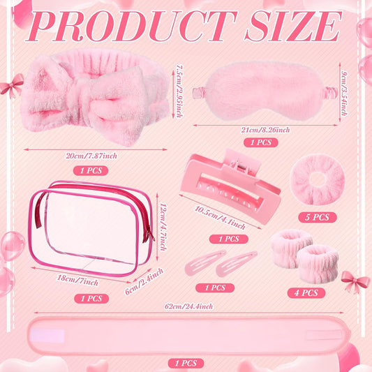16 Pcs Skin Care Headband Set 2 Spa Headband 1 Plush Sleep Eye Mask 4 Skin Care Wristbands 5 Velvet Scrunchies 1 Claw Clip 2 Bangs Clip 1 Cosmetic Bag for Valentine Galentine Spa Gift(Pink)