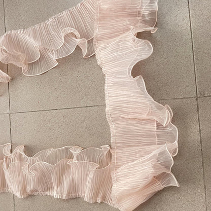 3 Yards Ruffle Pleated Chiffon Trim Two Layer Trimmer Dress Bag Decoration Tulle Fabric Applique Craft Sewing (Peach)