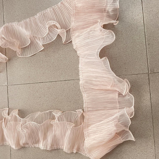 3 Yards Ruffle Pleated Chiffon Trim Two Layer Trimmer Dress Bag Decoration Tulle Fabric Applique Craft Sewing (Peach)