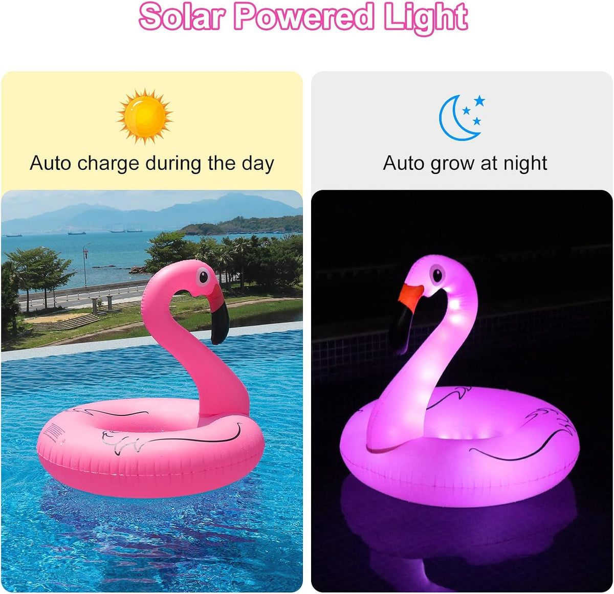 Inflatable Flamingo Pool Floats with Lights, Solar Powered Pink Pools Flamingo Float Rings, 42'' Lake Beach Floaties Swimming Rings Summer Pool Raft Lounger for Adults Water Party Supplies