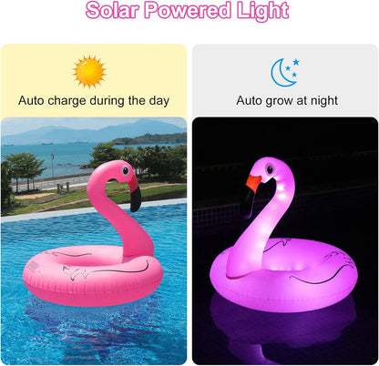 Inflatable Flamingo Pool Floats with Lights, Solar Powered Pink Pools Flamingo Float Rings, 42'' Lake Beach Floaties Swimming Rings Summer Pool Raft Lounger for Adults Water Party Supplies