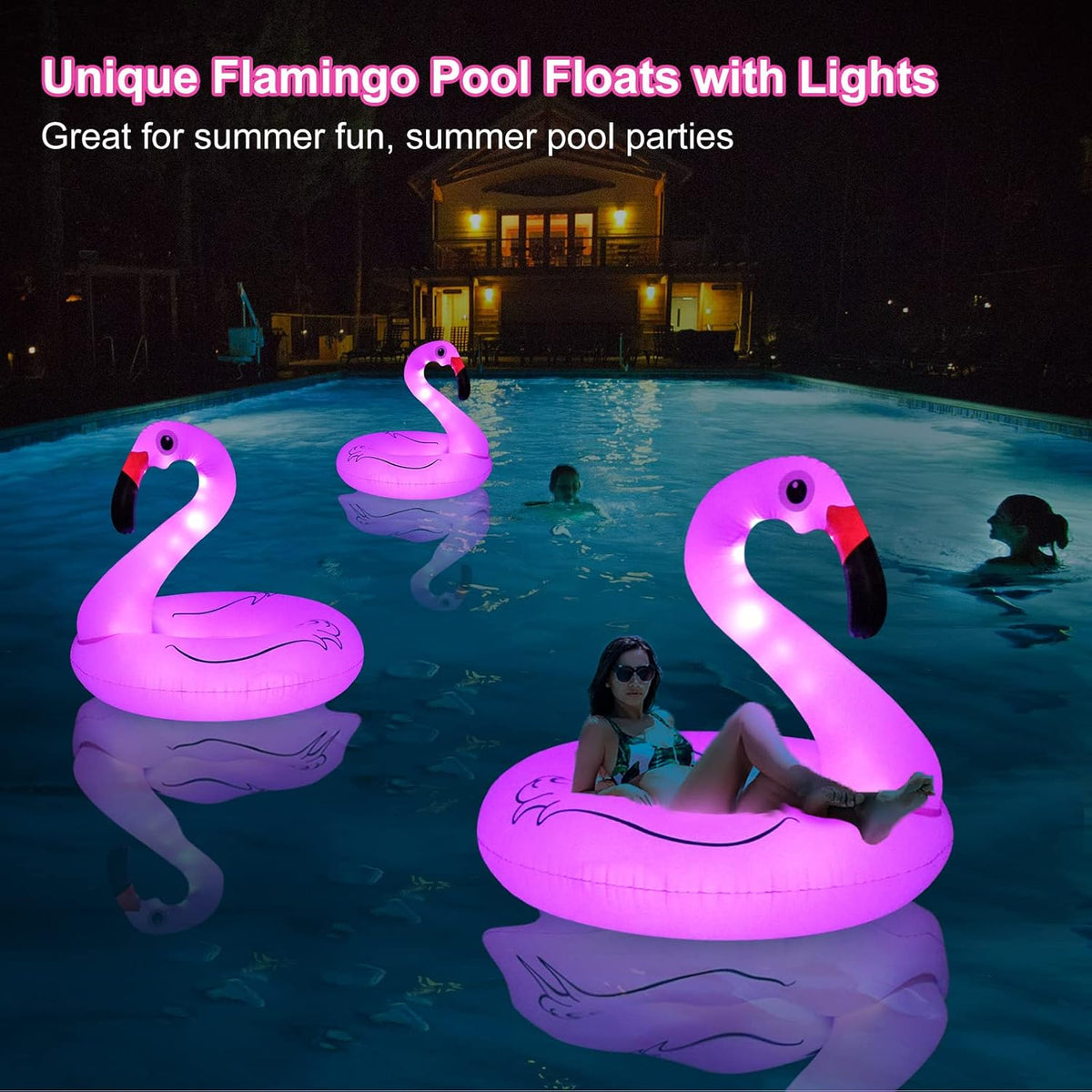 Inflatable Flamingo Pool Floats with Lights, Solar Powered Pink Pools Flamingo Float Rings, 42'' Lake Beach Floaties Swimming Rings Summer Pool Raft Lounger for Adults Water Party Supplies