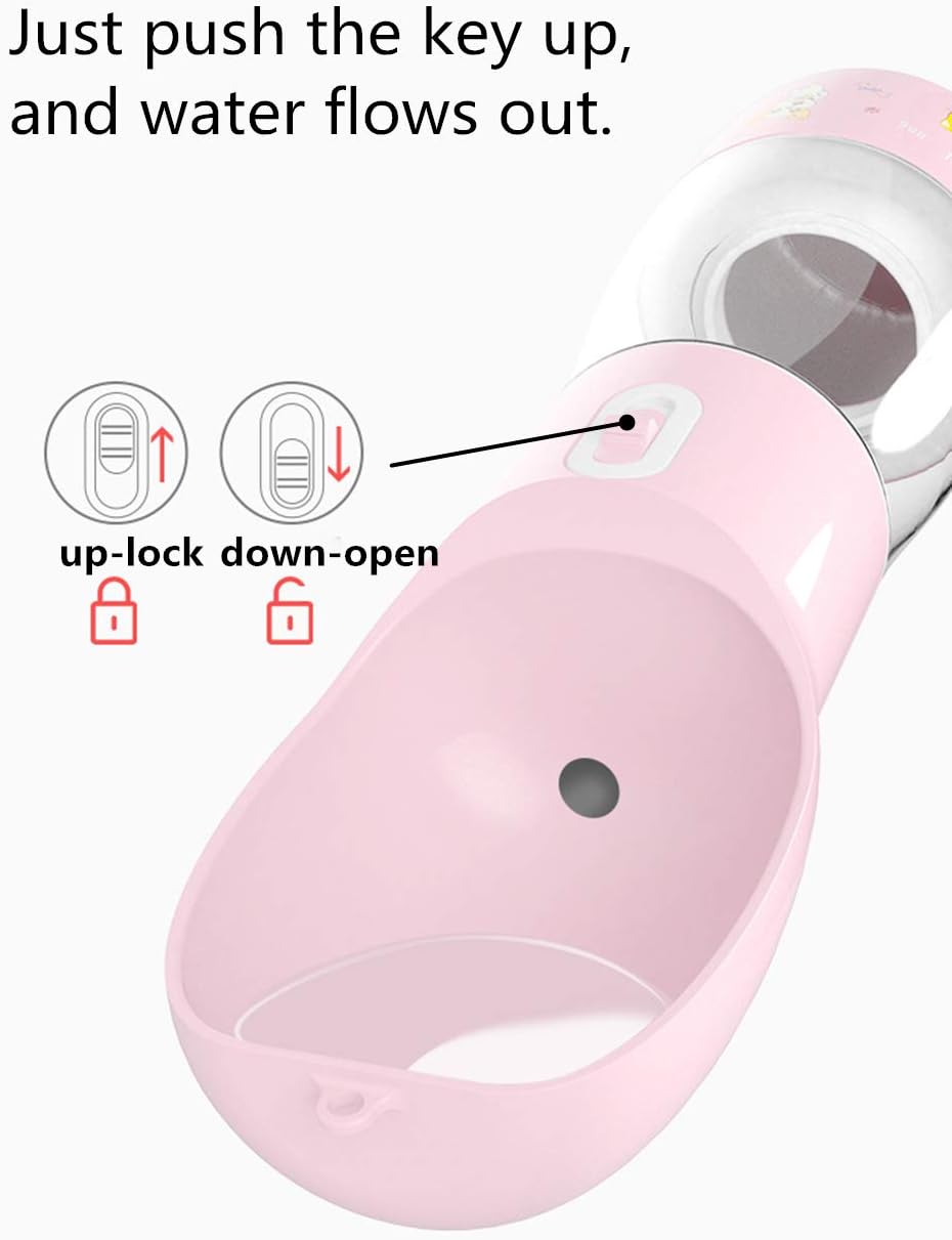 Portable Dog Water Bottle - Leak Proof Dog Water Dispenser with Bowl & Food Container, Dishwasher Safe Food Grade Plastic for Pet Puppy Outdoor Walking Hiking Travel Pink