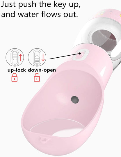 Portable Dog Water Bottle - Leak Proof Dog Water Dispenser with Bowl & Food Container, Dishwasher Safe Food Grade Plastic for Pet Puppy Outdoor Walking Hiking Travel Pink