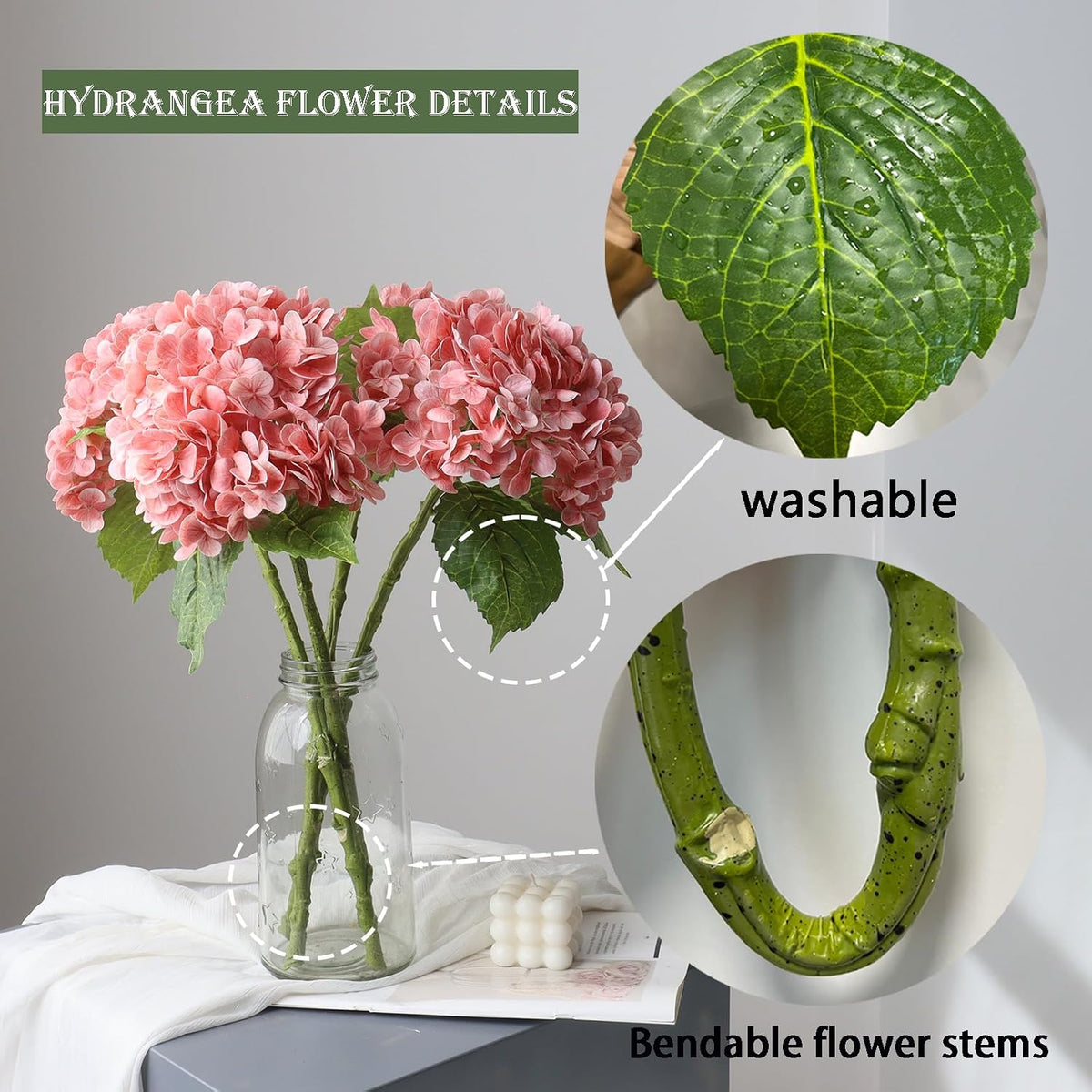 4PCS 21 inch Big Size Peach Flowers Artificial Silk Hydrangea Lifelike Dry Flowers for Outdoor Wedding, Christmas, Office, Family Party, Living Room Table Decoration