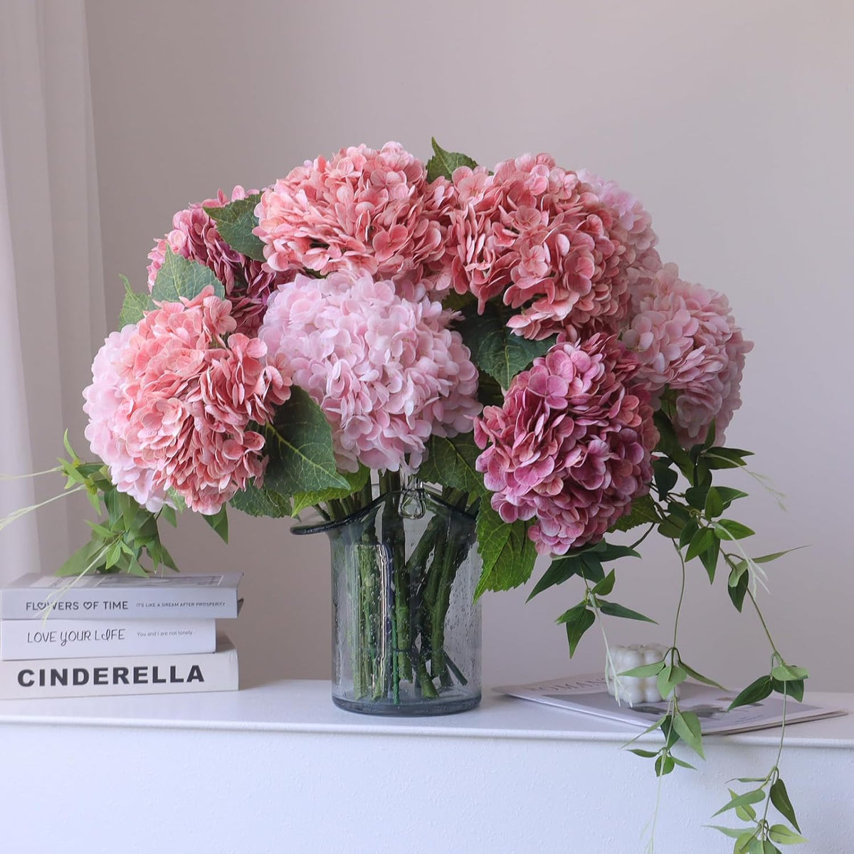 4PCS 21 inch Big Size Peach Flowers Artificial Silk Hydrangea Lifelike Dry Flowers for Outdoor Wedding, Christmas, Office, Family Party, Living Room Table Decoration
