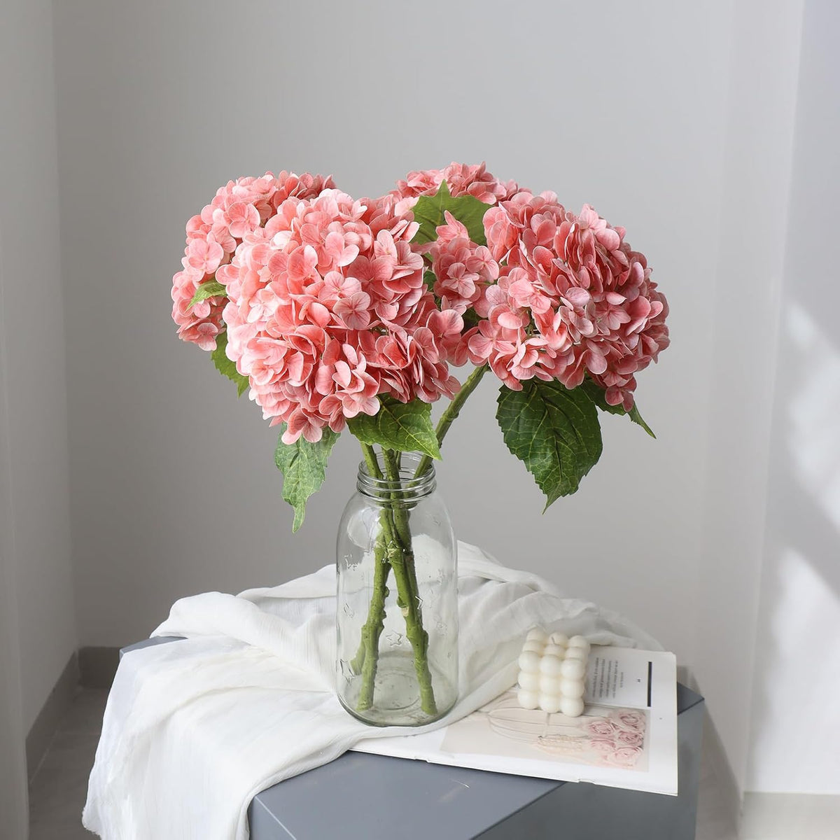 4PCS 21 inch Big Size Peach Flowers Artificial Silk Hydrangea Lifelike Dry Flowers for Outdoor Wedding, Christmas, Office, Family Party, Living Room Table Decoration