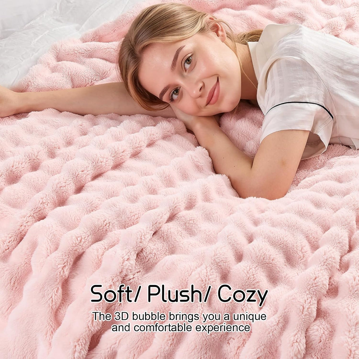3D Bubble Fleece Blanket - Ultra Soft Fluffy Pink Throw Blanket for Couch, Lightweight Cozy Throw for All Season, Adults Women Kids(Pink, 50"x60")