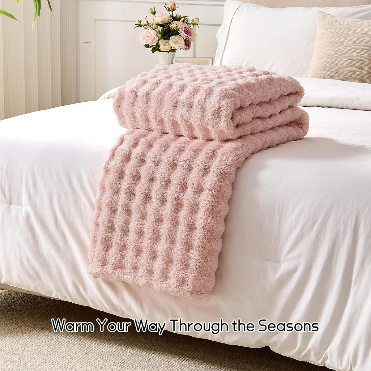 3D Bubble Fleece Blanket - Ultra Soft Fluffy Pink Throw Blanket for Couch, Lightweight Cozy Throw for All Season, Adults Women Kids(Pink, 50"x60")