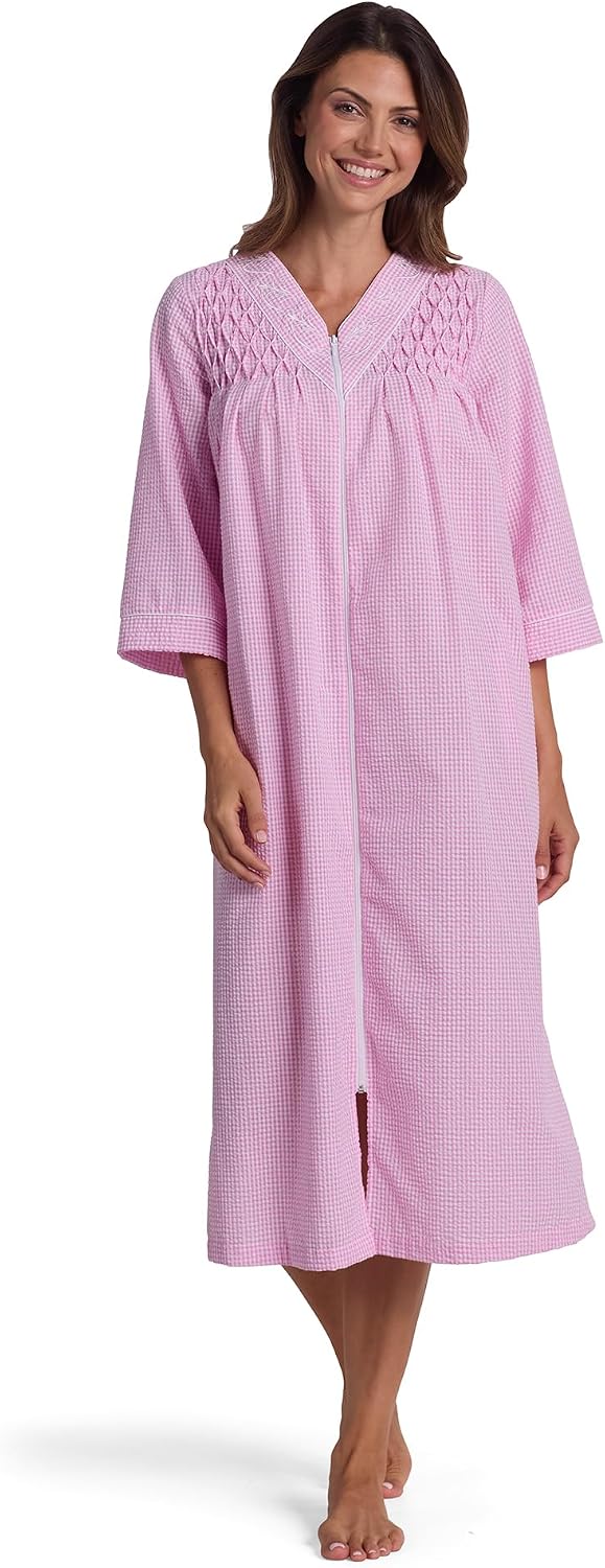 Long Seersucker Women's Robe, Pockets and Zipper with Front Embroidered Trim, Sleepwear & Loungewear