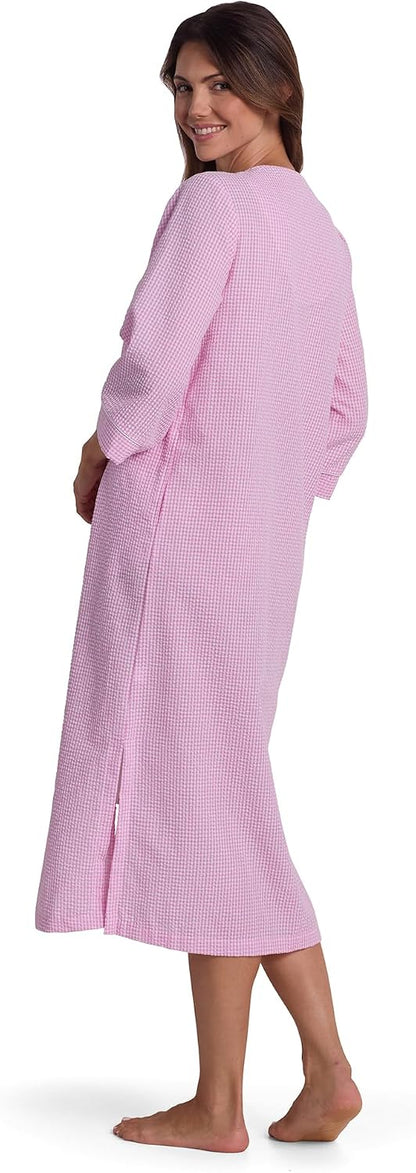 Long Seersucker Women's Robe, Pockets and Zipper with Front Embroidered Trim, Sleepwear & Loungewear