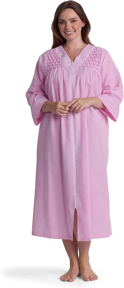 Long Seersucker Women's Robe, Pockets and Zipper with Front Embroidered Trim, Sleepwear & Loungewear