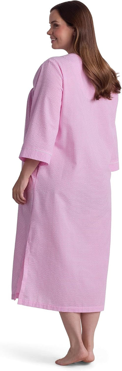 Long Seersucker Women's Robe, Pockets and Zipper with Front Embroidered Trim, Sleepwear & Loungewear