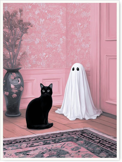 Cute Ghost and Black Cat Wall Art – Pink Halloween Decor with Whimsical Spirit in Floral Room, Spooky Canvas Print for Girly Bedroom or Living Room 12x16in Unframed