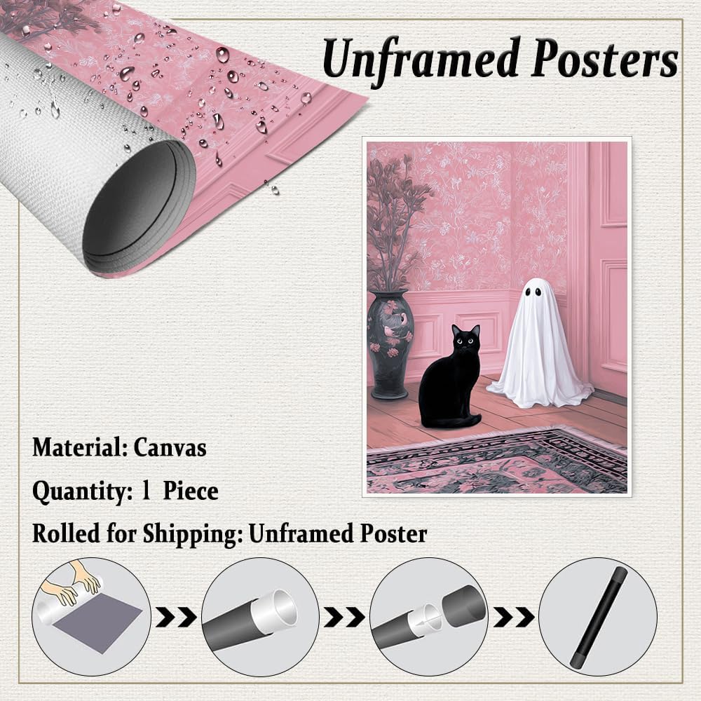 Cute Ghost and Black Cat Wall Art – Pink Halloween Decor with Whimsical Spirit in Floral Room, Spooky Canvas Print for Girly Bedroom or Living Room 12x16in Unframed
