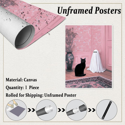 Cute Ghost and Black Cat Wall Art – Pink Halloween Decor with Whimsical Spirit in Floral Room, Spooky Canvas Print for Girly Bedroom or Living Room 12x16in Unframed